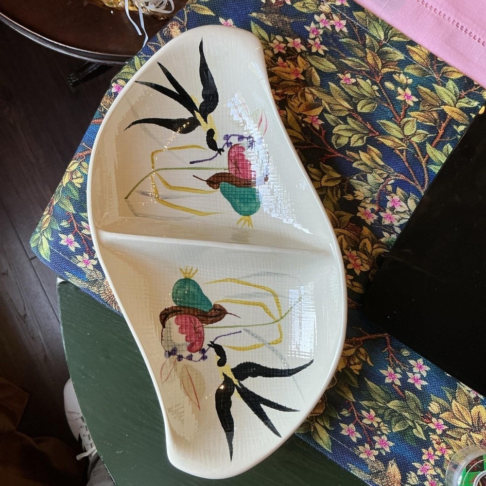 Vintage Red Wing USA Pottery Capistrano Swallow Birds Divided Serving Dish 14"